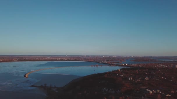 Vyshgorod Quay Kyiv Reservoir Winter Aerial Shots Deep Water Color — Stock Video