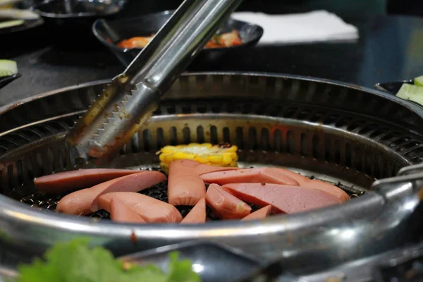 Sausages Corn Being Grilled — Stock Photo, Image