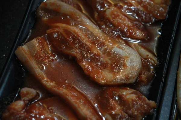 Prato Carne Porco Molho Não Cozido Para Grelhar — Fotografia de Stock