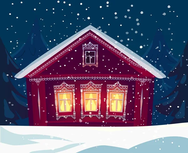 Kışın Rus ahşap köy evi, kar yağışı 