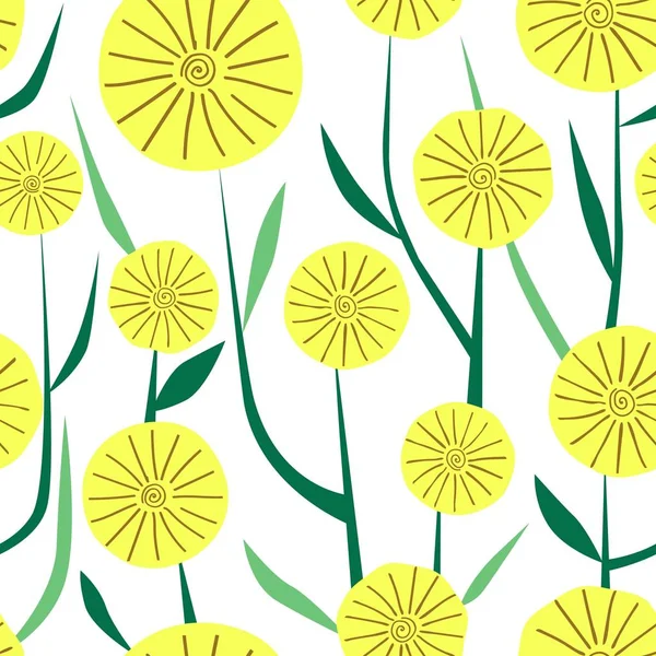 Padrão sem costura simples de flores amarelas com folhas verdes — Vetor de Stock