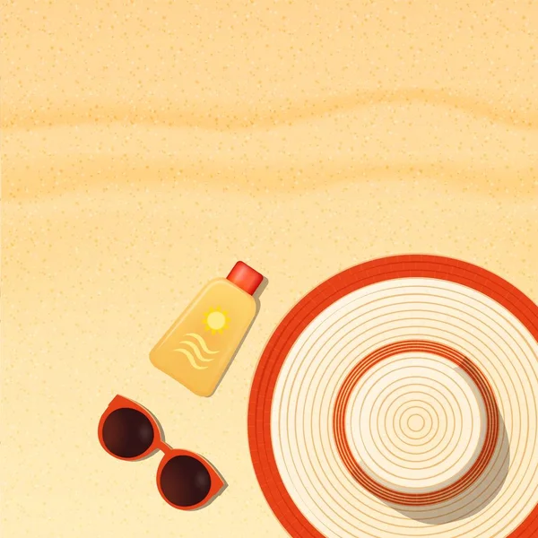 Sonnenschutz am Sandstrand, Sonnencreme, Sonnenbrille und Hut lizenzfreie Stockvektoren