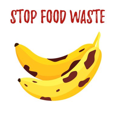 Benekli çürük muzun beyazı bembeyaz olarak izole edilmiş besin vektörü illüstrasyonunu kaydet, atık pankartıyla savaş