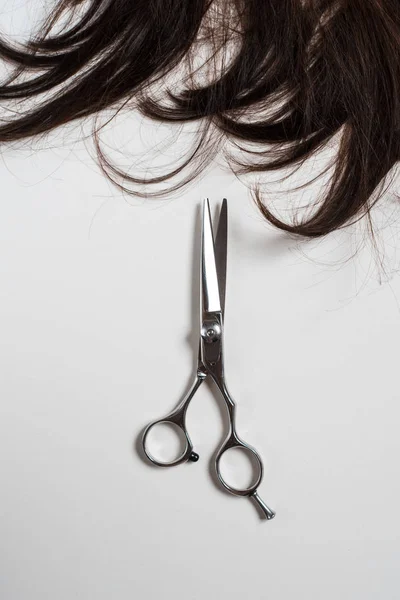 Брюнетка Длинные Волосы Ножницами Изолированы Белом Фоне — стоковое фото
