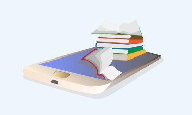 Cep telefonu ekran vektör çizim kitapları karikatür kitap yığın üzerinde hücre fon çevrimiçi öğrenim teknoloji online kütüphane elektronik dersleri öğrenme okuma smartphone kavramı üzerinde düz