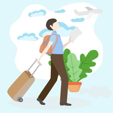 bir bavul ve rekreasyon uçak turist yürüyüş tatil uçuş için bir çanta ile adam