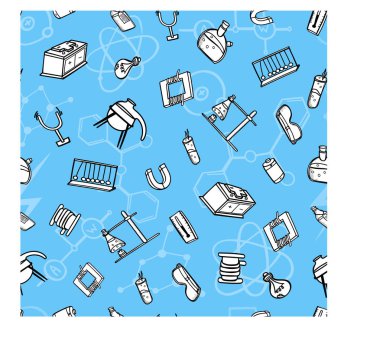 dikişsiz desen aletleri molekül kimya fizik arka plan bilim ekipmanları laboratuvar doodle siyah beyaz