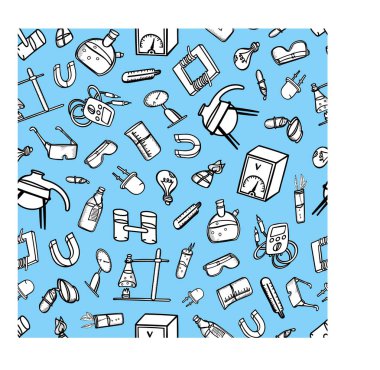 dikişsiz desen aletleri kimya fizik arka plan bilim ekipmanları laboratuvar doodle siyah beyaz