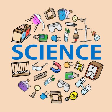 set bilim kimya fizik aletleri doodle renk ekipmanları laboratuvar araştırma