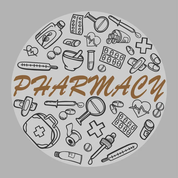 Set Articoli Farmaceutici Farmacia Doodle Bianco Nero Schizzo Medicina Chimica — Vettoriale Stock