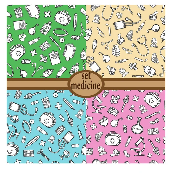 Conjunto Padrões Equipamentos Médicos Medicamentos Doodle Esboço Pílulas Tratamento Hospitalar —  Vetores de Stock