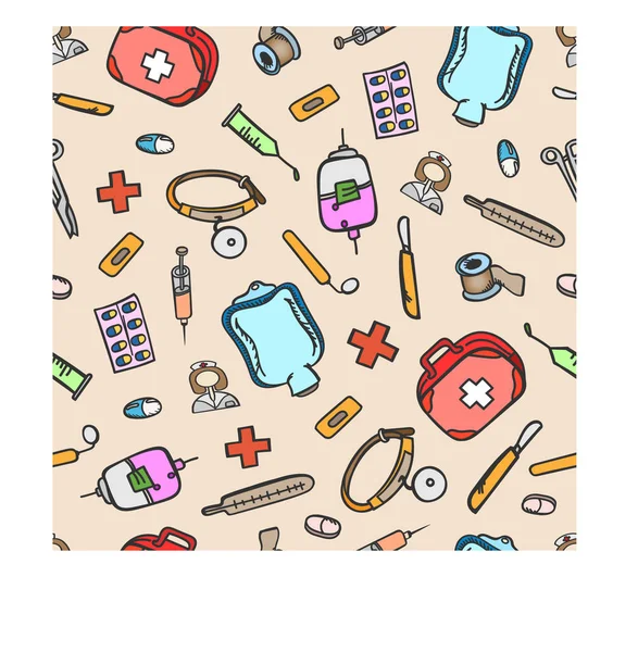 Modèle Médecine Couleur Traitement Pilules Équipement Sans Couture Fond Doodle — Image vectorielle
