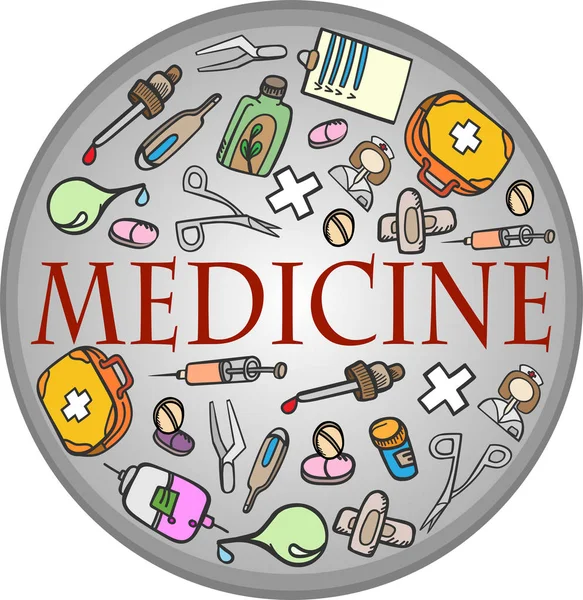 Set Medicina Color Doodle Bosquejo Píldoras Dispositivo Equipo Farmacia Tratamiento — Archivo Imágenes Vectoriales