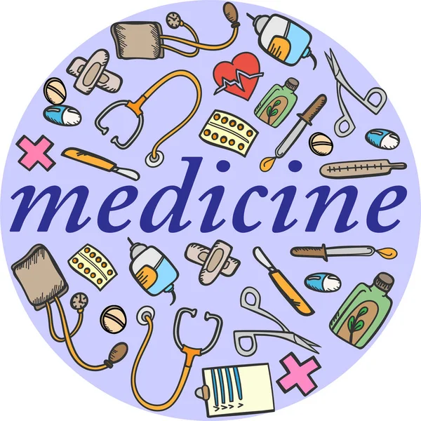 Definir Medicina Farmácia Cor Doodle Esboço Equipamento Dispositivo Pílula — Vetor de Stock
