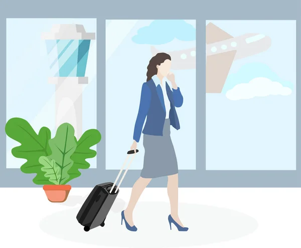 Chica Aeropuerto Equipaje Viaje Flauta Ilustración Trabajo Viaje Vacaciones Avión — Vector de stock