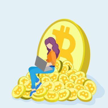 web sayfası vektör afiş illüstrasyon için dağ bitcoin paraları internet para madenciliği kriptopara kavramı blockchain kız