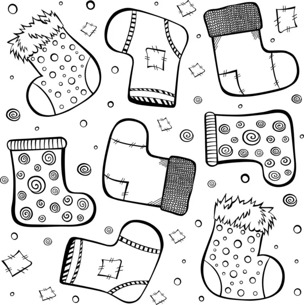 Set Sokken Vector Doodle Kleurboek Schets Kerst Decor — Stockvector