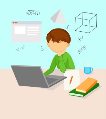 Ev yapımı çizgi film Vector illüstrasyonunda online eğitim alan çocuk, İnternet 'te okul dersleri öğrenme sürecinin e-öğrenme konseptini inceliyor.