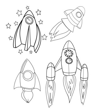 Roket kontur vektör boyama kitabı çocuklar için beyaz arkaplan grafikleri izole uzay teknolojisi uçuş