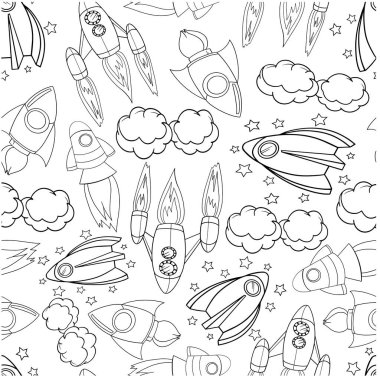 Desensiz roket yıldızları ve bulutlar vektör boyama kitabı çocuklar için beyaz arkaplan grafikleri üzerinde izole edilmiş uzay teknolojisi duvar kağıdı resimleme