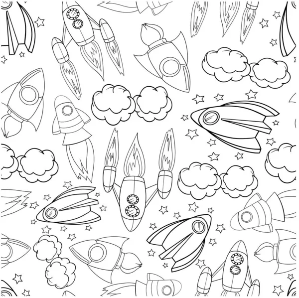 Motif Sans Couture Fusée Étoiles Nuages Contour Vecteur Coloriage Livre — Image vectorielle