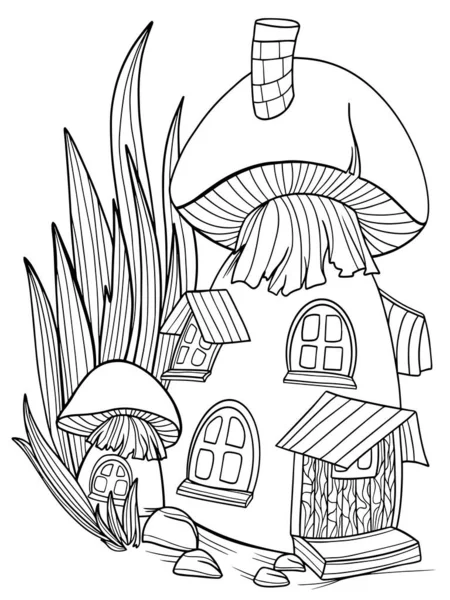 Fungi Houses Grass Coloring Book Outline Graphics Fantasy Magical Vector — Stock Vector