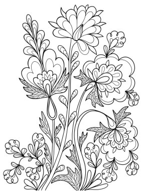Çiçekler yeşillikler çizimler çizim boyama kitap vektörü beyaz arka planda izole doğa fantezisi çocuklar ve yetişkinler için anti-stres