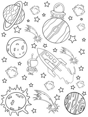 Stres önleyici uzay roket gezegeni yıldız poster çizimi beyaz arkaplan çizimine izole edilmiş çocuklar için.