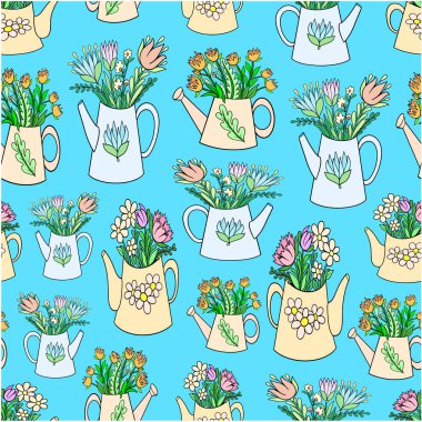 Bahar dönemi vektör illüstrasyonunu sulamak için desensiz desensiz çiçek demeti. Tekstil ambalajı duvar kağıdı kumaşı baskıları ve web siteleri için bahçe taslak çizimi arka planı.