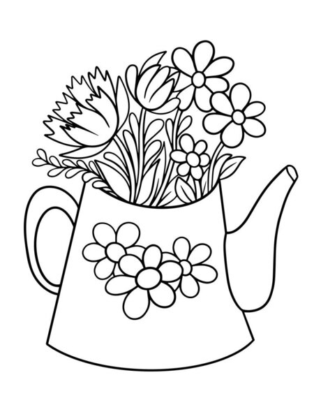 watering can with flowers graphics spring summer vector coloring for kids and adults illustration doodle sketch element gardening isolate on white background