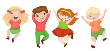 Bir grup çocuk resimde el üstünde zıplayarak mutlu bir şekilde gülüyor. Neşeli oğlanlar ve kızlar renkli karakterleri resmediyor.