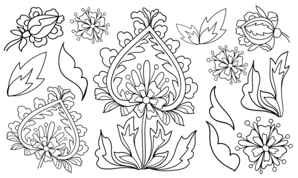 Набір Дивовижних Квіткових Елементів Розмальовка Бутон Білому Фоні Ілюстрація Книги — стоковий вектор