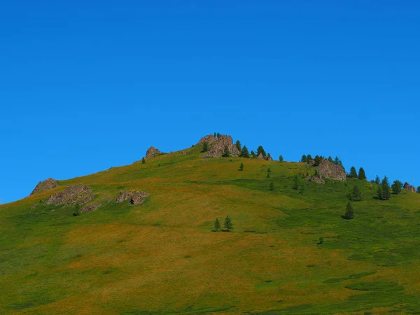 Pintoresca Vista Del Horizonte Las Montañas Altai Verdes Laderas Cubiertas —  Fotos de Stock