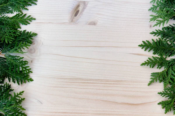 Houten Achtergrond Met Chamaecyparis Takken Groenblijvende Takken Houten Achtergrond — Stockfoto