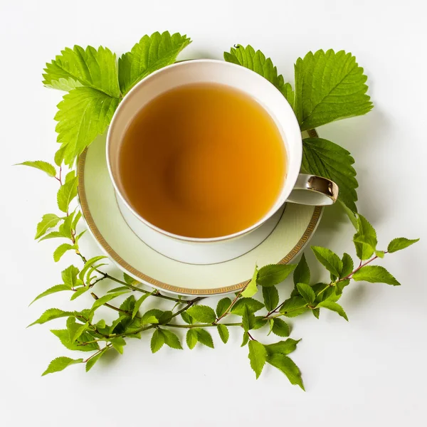 Чашка Зеленого Чая Украшена Кругом Клубничными Листьями Ветвями Зелеными Листьями — стоковое фото