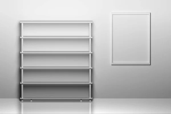 Mockup Scaffale Libro Bianco Con Cornice Appesa Colori Grigio Bianco — Foto Stock