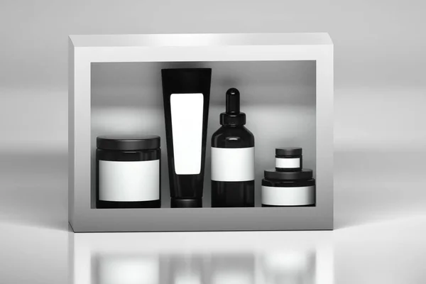 Mockup Set Skin Care Products Packages Black Plastic Shiny Cosmetics — Stock Photo, Image