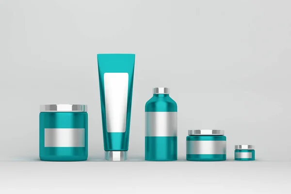 Mockup cilt bakım ürünleri paketleri bir dizi. Beyaz arka plan beyaz boş etiketlerle ışık mavi plastik parlak kozmetik kapları. 3D çizim.