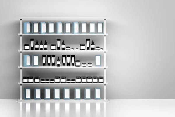 Mockup of a shelf with skin care cream products packages on white wall background. Black plastic shiny cosmetics containers with white blank labels. 3D illustration.