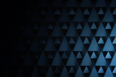 Geometrik üçgen şeklinde koyu mavi renkler. Arka plan kopya alanı ile üçgen yinelenen şekillerle. 3D çizim.