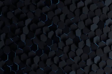 Siyah arka plan rastgele altıgen yanarak bahislerin doğru düzenlenmiş. Fütüristik zemin altıgen siyah şekil ve mavi kenarları ile. 3D çizim. 