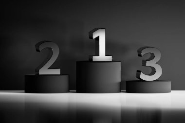 Kaideleri kazananlar için altın numaraları ile. Siyah ve beyaz renklerde rekabet ve töreni sembolleri. 3D çizim.