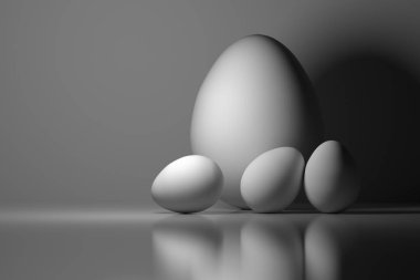 Dört yumurta. Bir büyük ve üç küçük beyaz yumurta. Mavi renkte renkli görüntü. Tek renkli görüntüyü. 3D çizim.