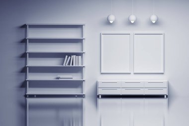 Modern iç boş posterler ile. Bir yaşam alanı veya stüdyo - kitaplar, lambalar, parlak yansıtıcı yüzey üzerinde kabine ile bir raf. Mavi renk ile renkli görüntü. 3D çizim.