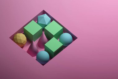 Çok renkli geometrik şekiller - küreler, çokgenler, küpleri, pembe bir arka plan üzerinde koni kümesi. Basit Okul arka plan kopya boş alanı ile. 3D çizim.