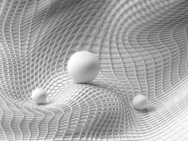 Fütüristik bilim-kurgu arka plan ile topları küreler üzerinden ve tel kafes çarpık yüzey üzerinde. 3D çizim. 