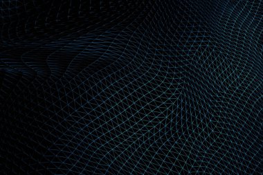 Üçgen çarpık tel kafes, eğri çizgi yüzeyi ile arka fütüristik bilim-kurgu plan. 3D çizim.