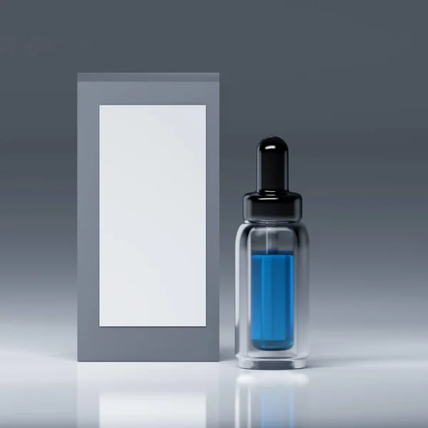 Botol Kaca Serum Dengan Cairan Biru Dalamnya Dan Dengan Pipet — Stok Foto