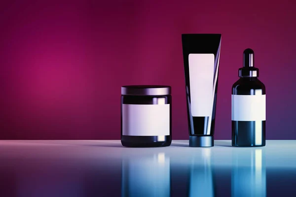 Mock Set Black Cosmetic Bottles White Blank Labels Reflective Shiny — Stock Photo, Image