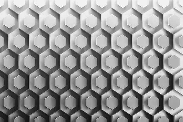Background with abstract neatly arranged hexagons in black and white colors. Futuristic honeycomb with cells. 3D illustration.